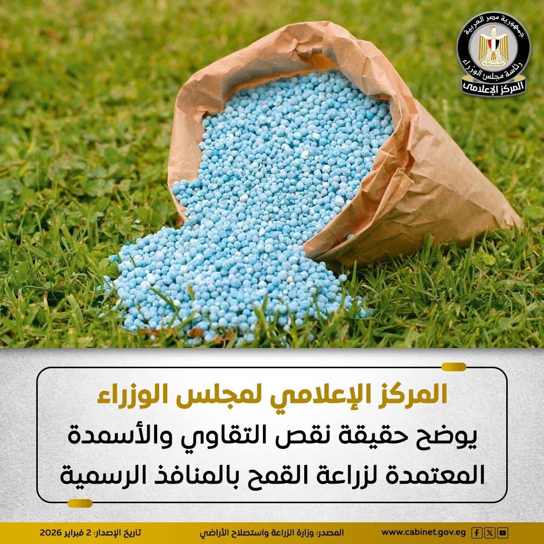 المركز الإعلامي لمجلس الوزراء يوضح حقيقة نقص التقاوي والأسمدة المعتمدة لزراعة القمح بالمنافذ الرسمية
