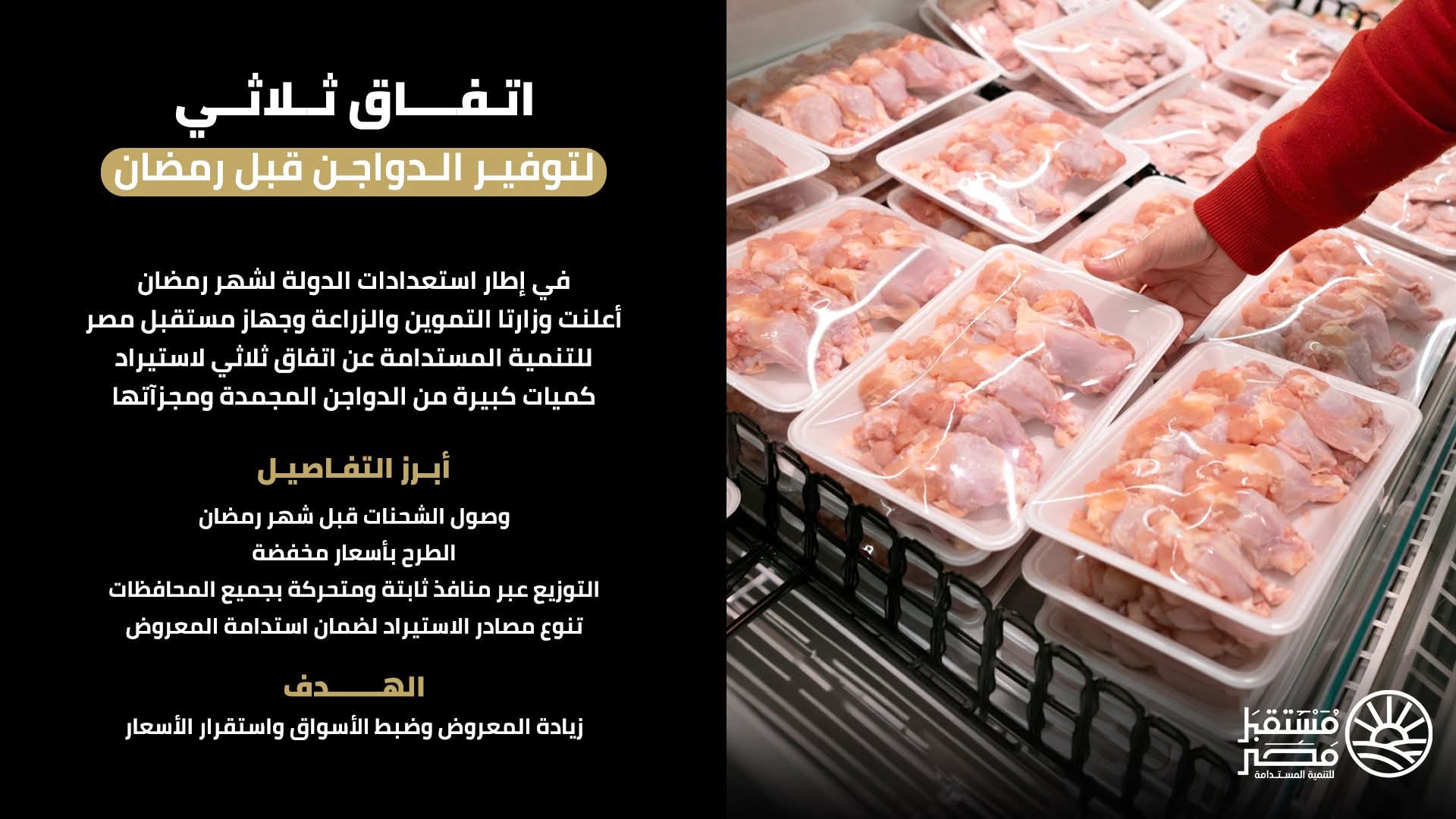 اتفاق ثلاثي بين "التموين" و"الزراعة" و"مستقبل مصر" لاستيراد دواجن مجمدة وطرحها قبل شهر رمضان