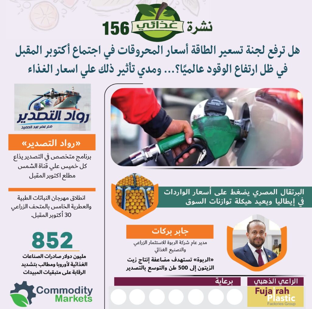 اقرأ في العدد الجديد من نشرة غذائي (156) .. توقعات برفع أسعار الوقود بنسبة تصل إلى 15% خلال اجتماع لجنة تسعير الطاقة أكتوبر المقبل 4 اقرأ في العدد 156 من نشرة غذائي